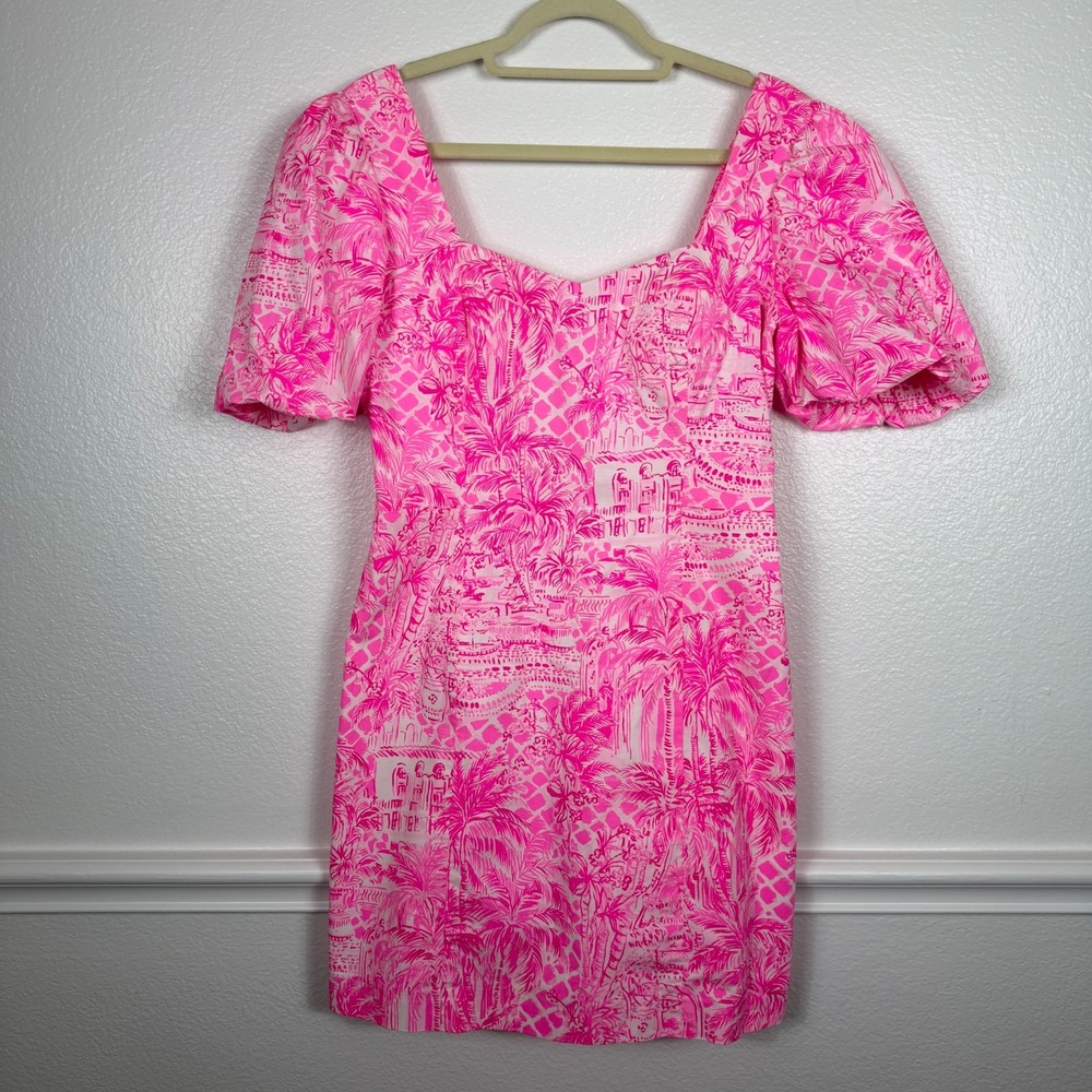 Lilly Pulitzer Merian Puff Sleeve Dress Pink Blossom Palm Beach Paradise Size 12
